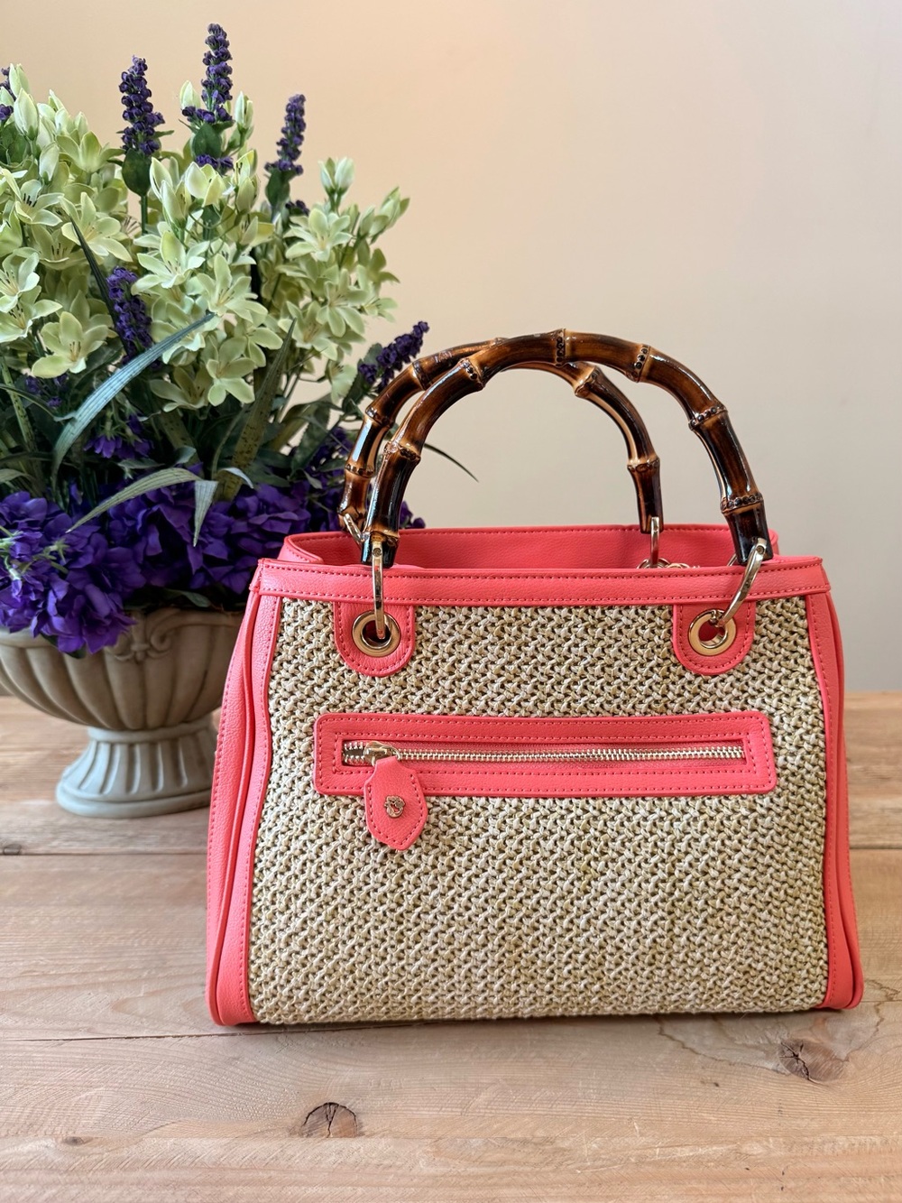 Spartina 449 Coral Woven Bamboo Handle Tote & Matching Wallet Set EUC - Picture 11 of 16